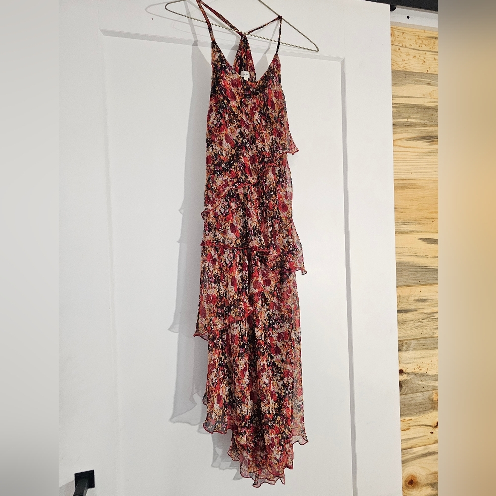 Martine Douvier 100% Silk Layered Sheer Ruffle Floral Dress Womens Size Small